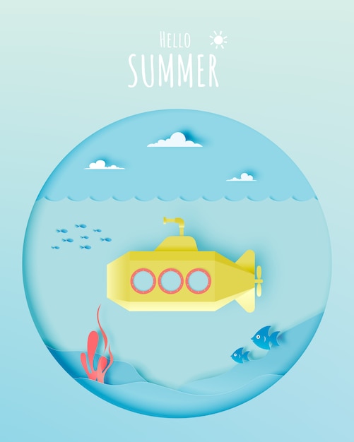 Submarino submarino con muchos peces en colores pastel y papel estilo ilustración vectorial de arte