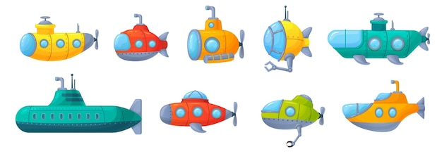 Submarinos de dibujos animados Submarino infantil lindo con hélice de brazo de hierro Periscopio para exploración submarina Buque submarino o batiscafe de la marina Ilustración vectorial de exploración submarina