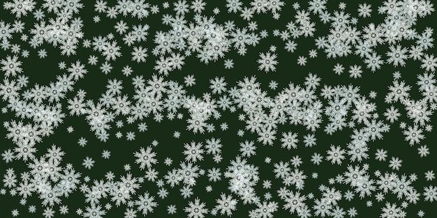 Subtiles copos de nieve y estrellas volando sobre el fondo verde de Navidad