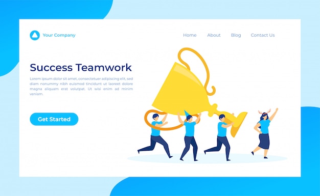 Vector success teamwork levanta el trofeo en la página de destino de la línea de meta.