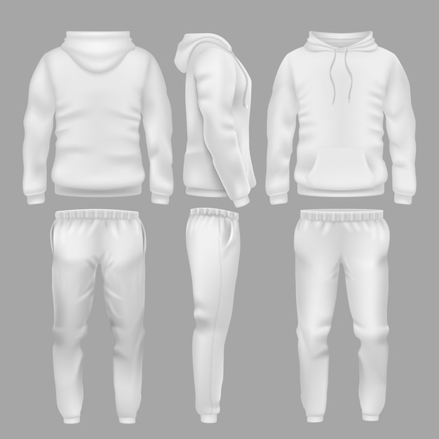 Sudadera blanca con capucha y pantalón deportivo. Ropa deportiva activa con capucha y plantillas de pantalones.
