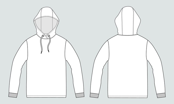 Vector sudadera con capucha de manga larga plantilla de ilustración de vector de boceto plano de moda técnica vistas frontal y posterior