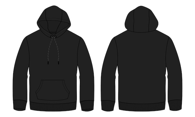 Sudadera con capucha de manga larga vector de dibujo plano de moda técnica ilustración plantilla de color negro