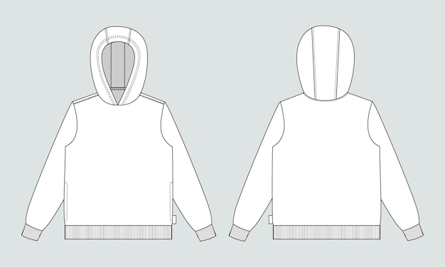 Sudadera con capucha de manga larga Vector de dibujo plano de moda técnica Ilustración Plantilla de color negro