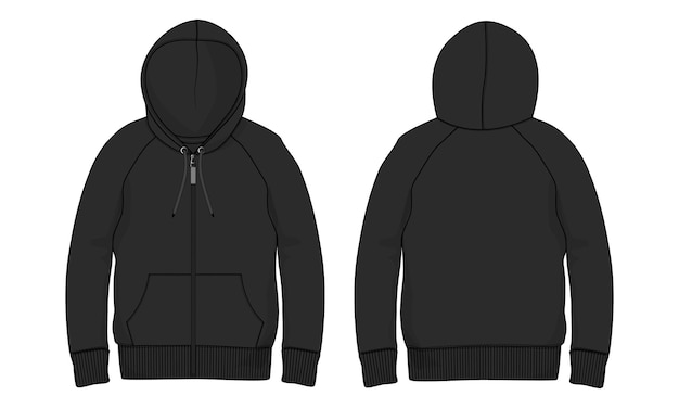 Sudadera con capucha de manga larga Vector de dibujo plano de moda técnica Ilustración Plantilla de color negro