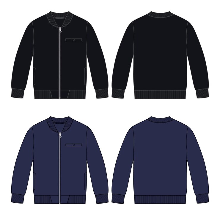 Sudadera chaqueta dibujo técnico moda boceto plano vectorial plantilla de color marino y negro