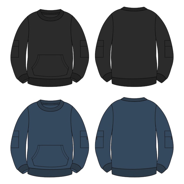 Sudadera de manga larga Ilustración vectorial Vista frontal y posterior de la plantilla de color negro y azul marino