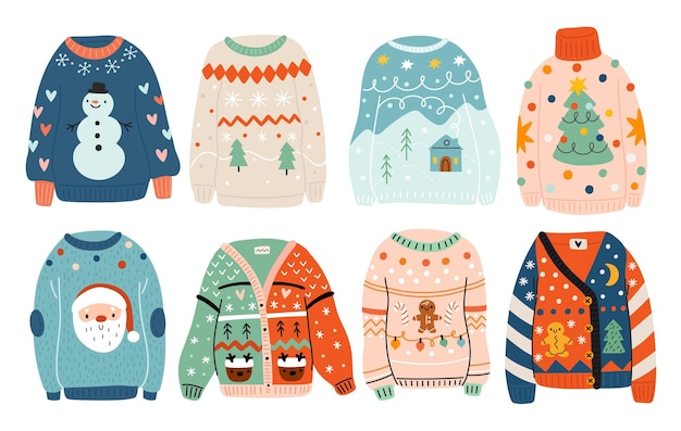 Sudaderas feas de Navidad Ropa tradicional cálida de vacaciones Vestidos de punto con patrones de Año Nuevo Pulóveres divertidos y acogedores Camisetas coloridas adornos festivos Ropa de punto casual aislada Conjunto vectorial llamativo