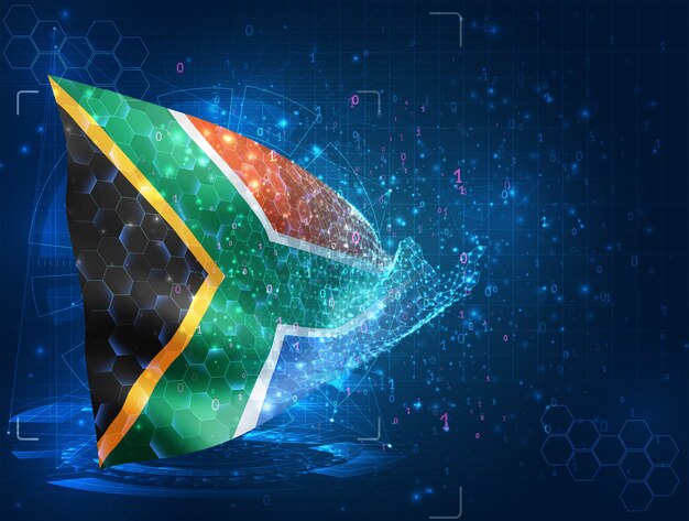 Sudáfrica bandera vectorial objeto 3D abstracto virtual de polígonos triangulares sobre un fondo azul