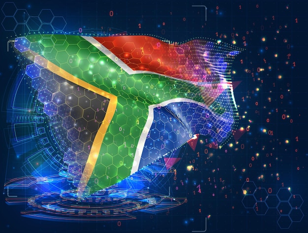 Sudáfrica bandera vectorial objeto 3D abstracto virtual de polígonos triangulares sobre un fondo azul