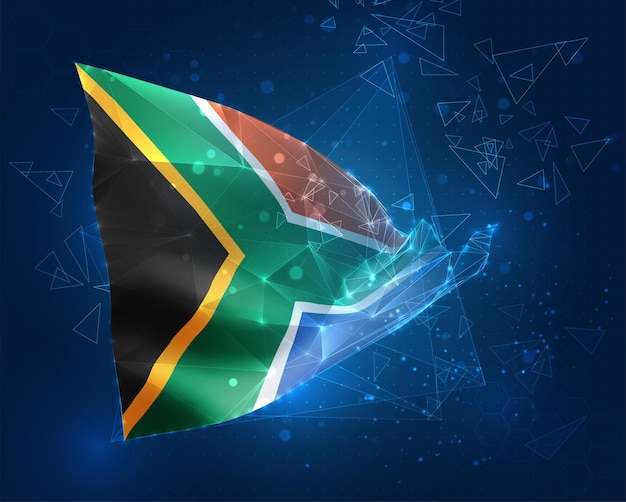 Sudáfrica bandera vectorial objeto 3D abstracto virtual de polígonos triangulares sobre un fondo azul