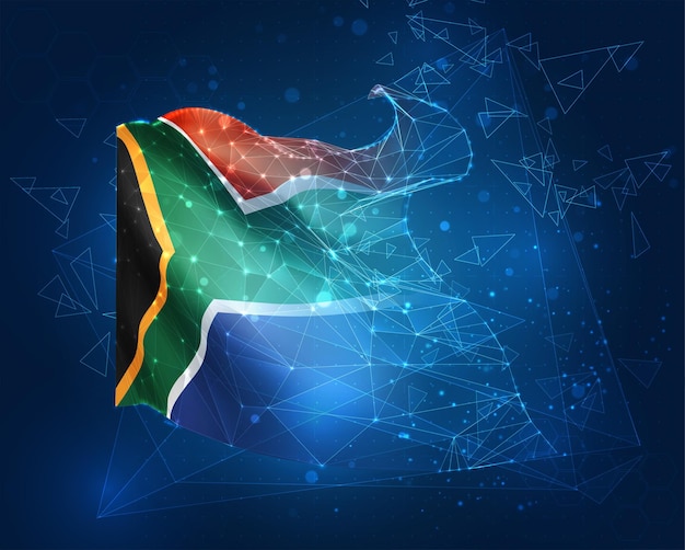 Sudáfrica bandera vectorial objeto 3D abstracto virtual de polígonos triangulares sobre un fondo azul