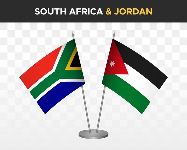 Sudáfrica vs jordan banderas de escritorio maqueta aislado 3d vector ilustración banderas de mesa