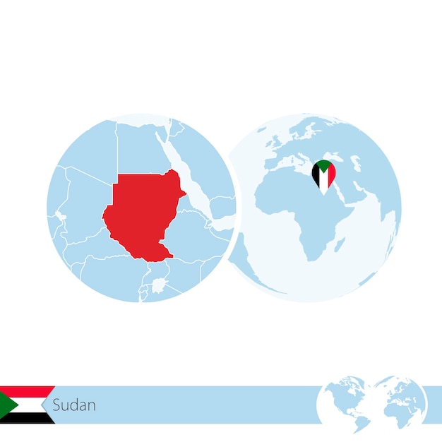 Sudán en el globo del mundo con bandera y mapa regional de Sudán. Ilustración de vector.