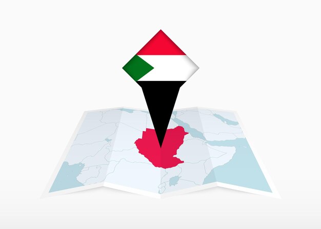 Vector sudán está representado en un mapa de papel doblado y un marcador de ubicación fijado con la bandera de sudán.