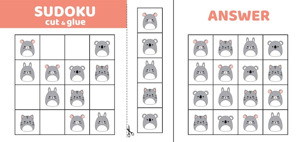 Sudoku con animales grises Squishmallow Juego de rompecabezas para niños Cortar y pegar dibujos animados