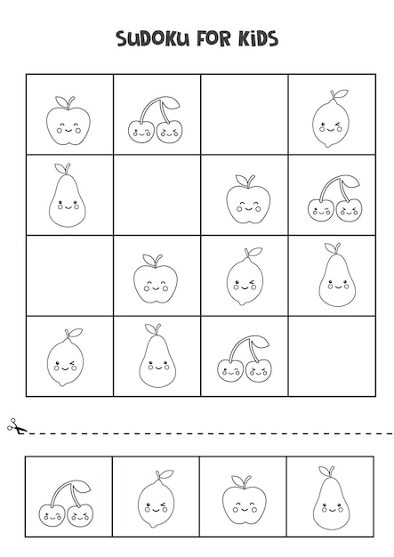 Sudoku en blanco y negro para niños en edad preescolar. Juego de lógica con lindas frutas.