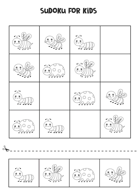 Sudoku en blanco y negro para niños en edad preescolar. juego de lógica con lindos insectos.