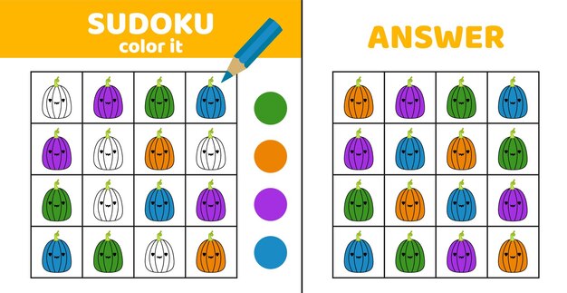 Sudoku calabaza Colorear sudoku con calabaza Squishmallow dibujos animados de vector plano eps 10