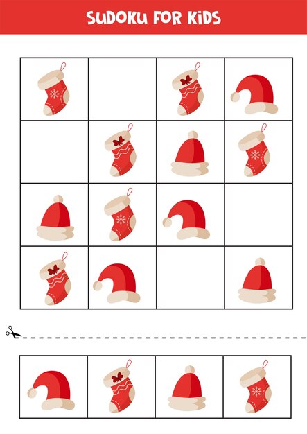 Sudoku con calcetines y gorros navideños Hoja de trabajo lógica educativa