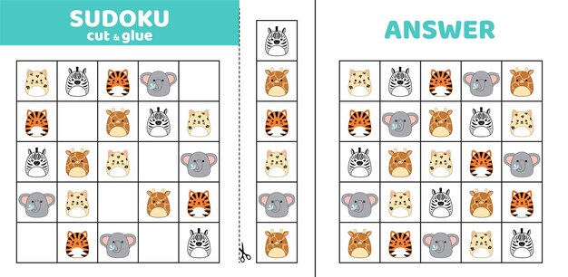 Sudoku con cinco animales africanos Squishmallow Juego de rompecabezas para niños Cortar y pegar Dibujos animados