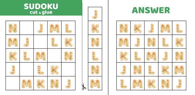 Sudoku con cinco letras de galleta J K L M N Juego de rompecabezas para niños pequeños Cortar y pegar