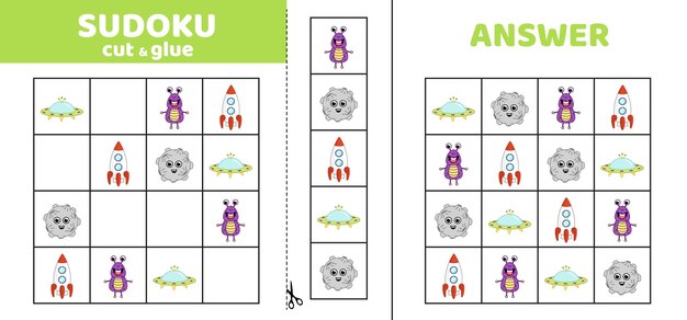 Sudoku con cohete lunar platillo volador alienígena Juego de rompecabezas para niños pequeños Cortar y pegar dibujos animados