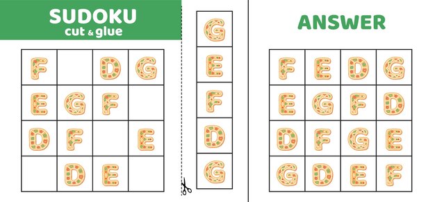 Sudoku con cuatro letras de galletas D E F G Juego de rompecabezas para niños pequeños Cortar y pegar dibujos animados
