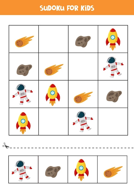 Sudoku espacial para niños en edad preescolar. Juego de lógica con cohete y astronauta.