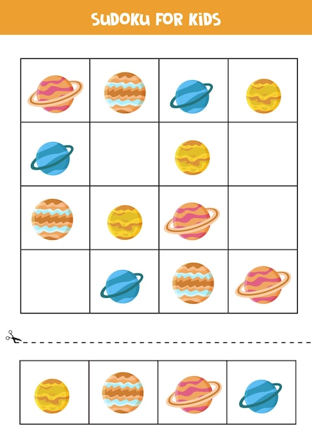 Sudoku espacial para niños en edad preescolar. juego de lógica con planetas del sistema solar.