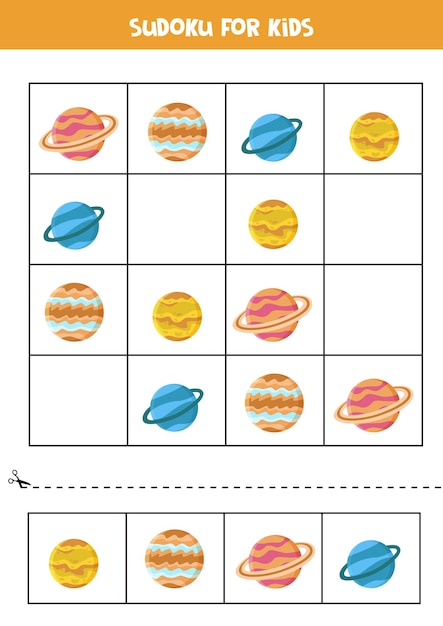Sudoku espacial para niños en edad preescolar. Juego de lógica con planetas del sistema solar.