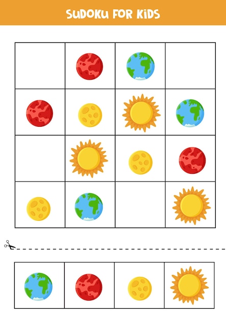 Sudoku espacial para niños en edad preescolar. juego de lógica con planetas.