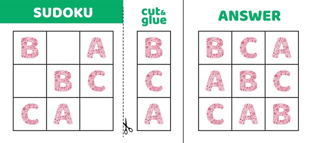 Sudoku fácil con tres letras de flores A B C Juego de rompecabezas para niños pequeños Cortar y pegar Doodle
