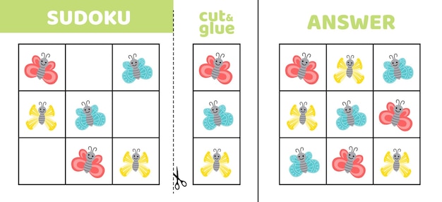 Sudoku fácil con tres mariposas. juego de rompecabezas para niños pequeños. corta y pega. dibujos animados