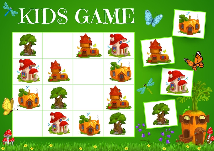 Vector sudoku juego casas de hadas de duendes y gnomos