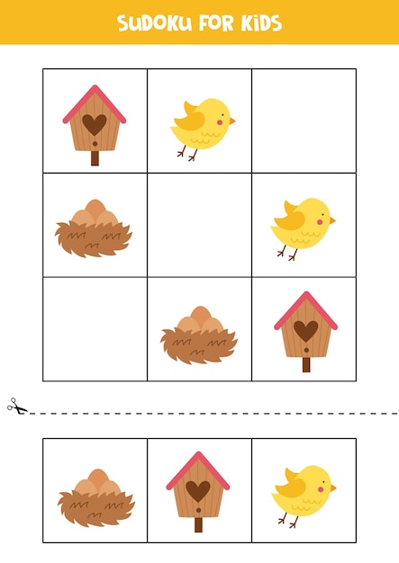 Sudoku con lindos pájaros de primavera y nido para niños en edad preescolar Hoja de trabajo educativa