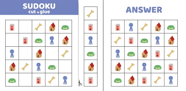 Sudoku de mascotas con cinco temas de cuidado de perros Rompecabezas de juego para niños Cortar y pegar Dibujos animados