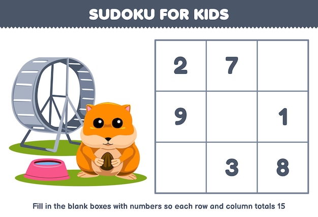 Sudoku para niños ayuda a cortar hámster rellenar la caja con los números correctos hoja de trabajo de mascotas