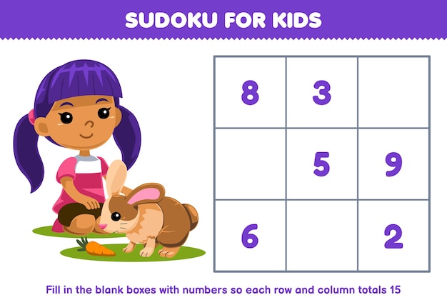 Sudoku para niños ayuda a la niña linda y el conejo a llenar la caja con los números correctos hoja de trabajo de mascotas