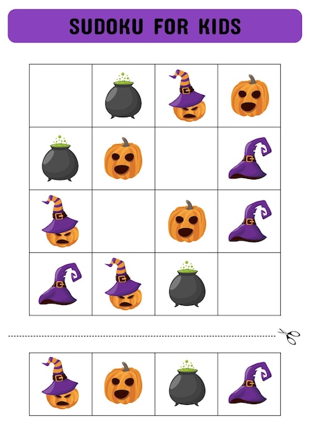 Sudoku para niños con calabazas de Halloween Un simple juego de lógica Cortar y pegar hoja impresible Vector