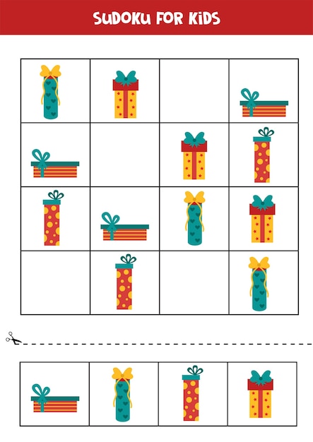 Sudoku para niños con coloridas cajas navideñas. juego de lógica educativo para niños.