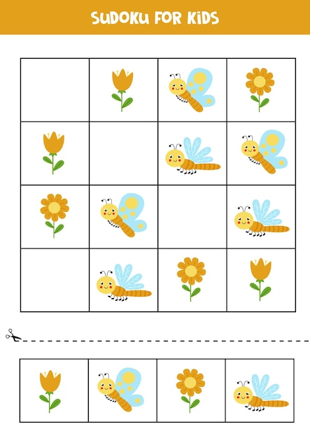 Sudoku para niños en edad preescolar juego de lógica con linda mariposa y libélula