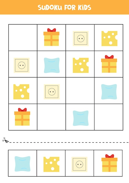 Sudoku para niños en edad preescolar. juego de lógica con objetos cuadrados.