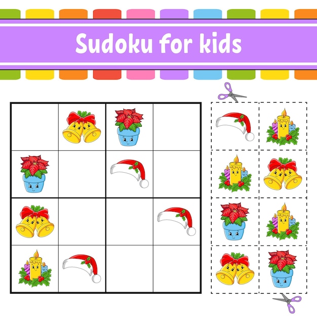 Sudoku para niños Educación desarrollando hoja de trabajo Página de actividad con imágenes Juego de rompecabezas para niños Entrenamiento de pensamiento lógico Ilustración de caracteres divertidos Vector