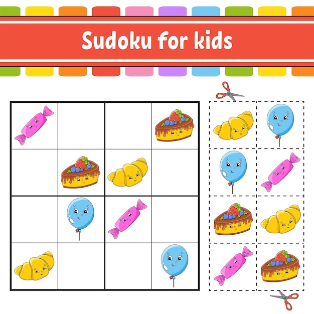 Sudoku para niños Educación desarrollando hoja de trabajo Página de actividad con imágenes Juego de rompecabezas para niños Entrenamiento de pensamiento lógico Ilustración vectorial aislada Estilo de personaje gracioso Coon