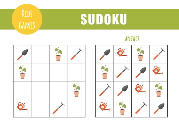 Sudoku para niños hoja de actividades para niños juego de rompecabezas con herramientas de jardín concepto de educación y ocio ilustración vectorial en estilo de dibujos animados planos