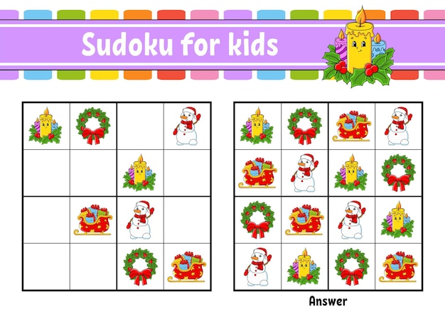 Sudoku para niños. hoja de trabajo de desarrollo de educación. tema navideño.