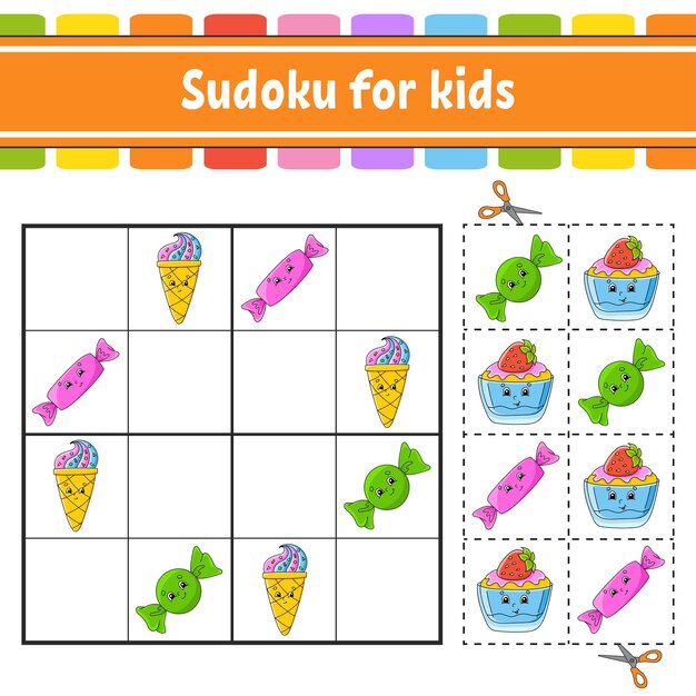 Sudoku para niños Hoja de trabajo de desarrollo educativo Página de actividad con imágenes Juego de rompecabezas para niños