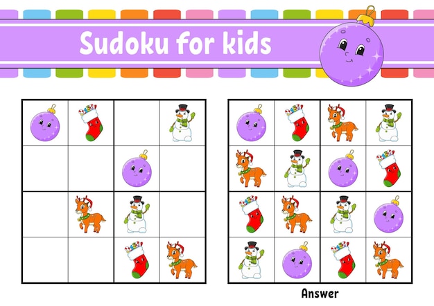 Sudoku para niños Hoja de trabajo de desarrollo educativo Personaje de dibujos animados Página de actividades en color Juego de rompecabezas para niños