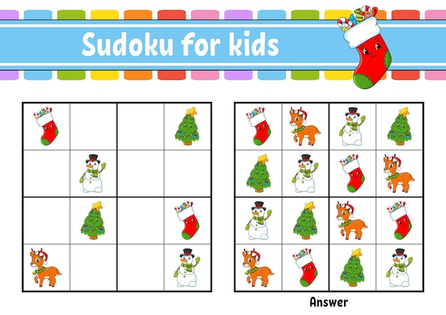 Sudoku para niños hoja de trabajo de desarrollo educativo personaje de dibujos animados página de actividades en color juego de rompecabezas para niños